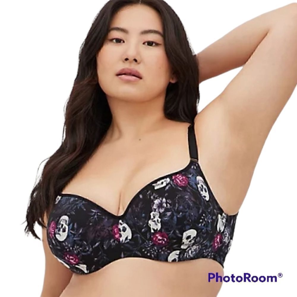 42G Torrid Black Skull Bra Balconette Full Coverage Back Smoothing Goth Lingerie